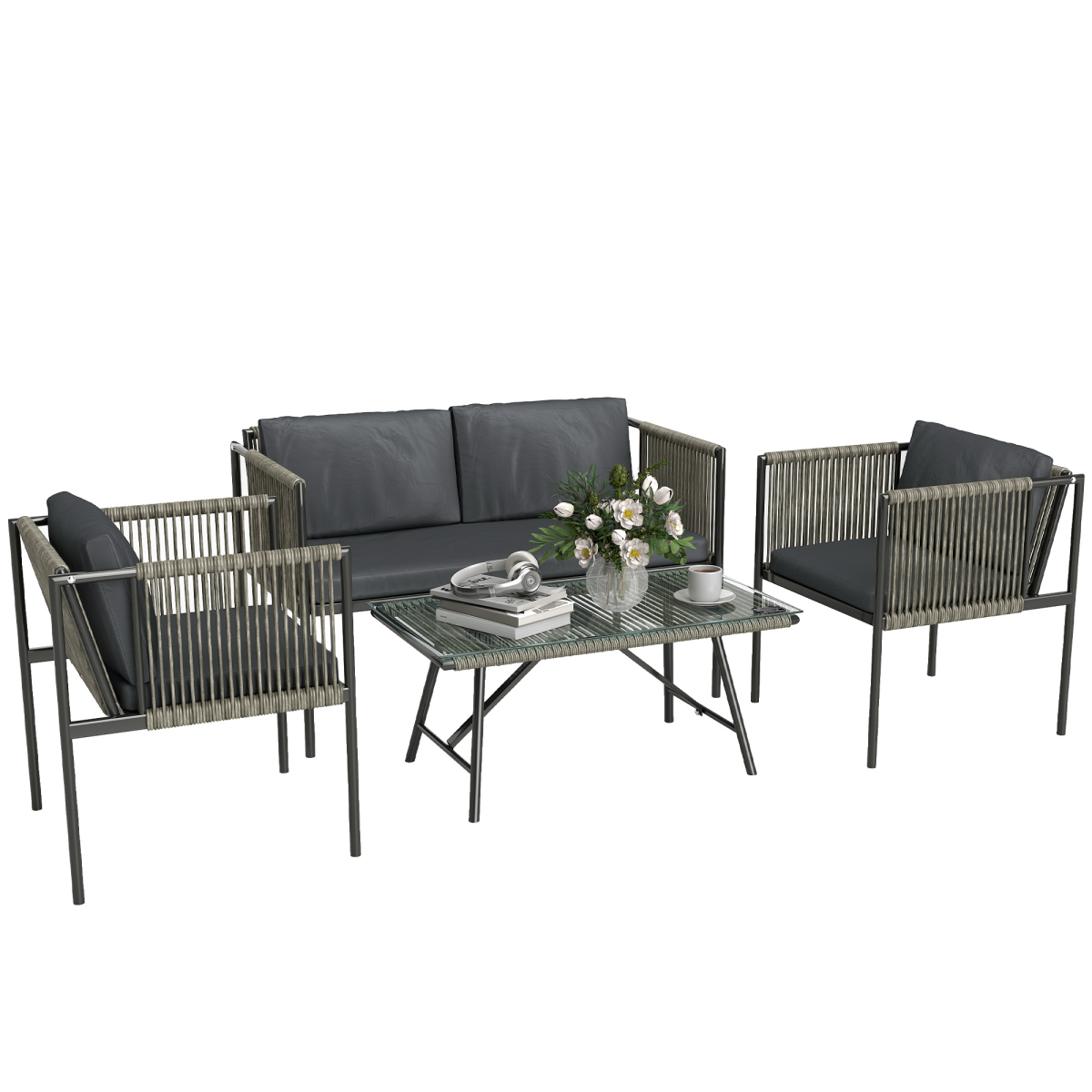 4-Piece Grey Wicker Outdoor Furniture Set with Glass Top Table