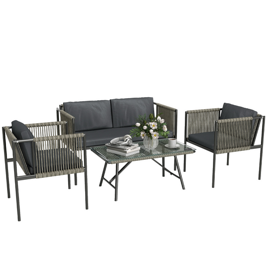 4-Piece Grey Wicker Outdoor Furniture Set with Glass Top Table