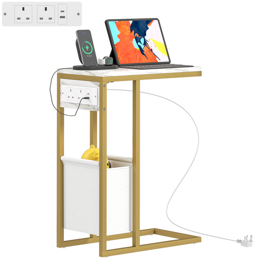 Modern C-Shaped Faux Marble Side Table with Charging Station & Chic Storage