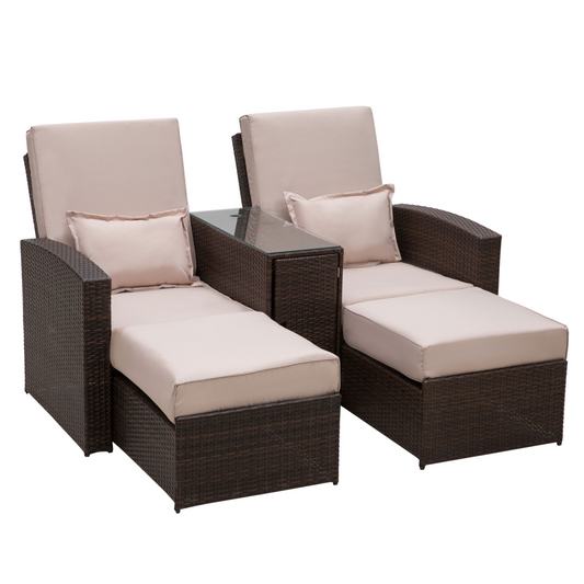Double Rattan Sun Lounger Sofa with Adjustable Recline & Glass Table - Brown