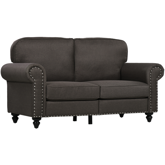2-Seater Sofa with Nailhead Trim – Dark Brown, Mid-Century Style