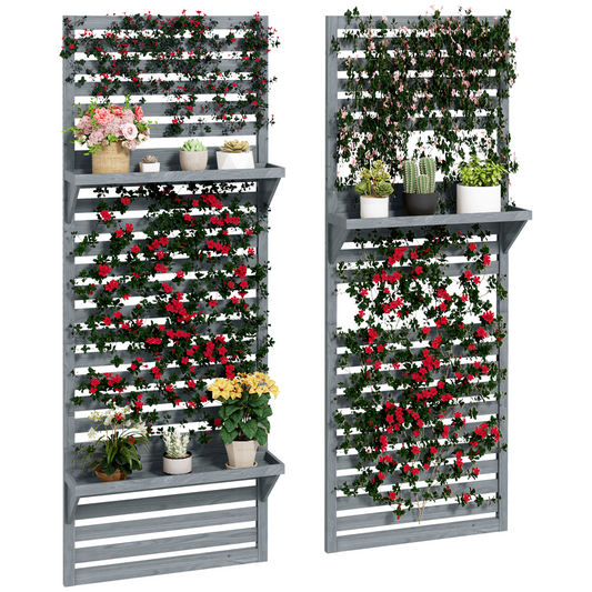 Grey Wall-Mounted Plant Stands (Set of 2) with Shelves & Slatted Trellis