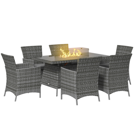 Gray PE Rattan Dining Set with Fire Pit Table & Cushioned Armchairs
