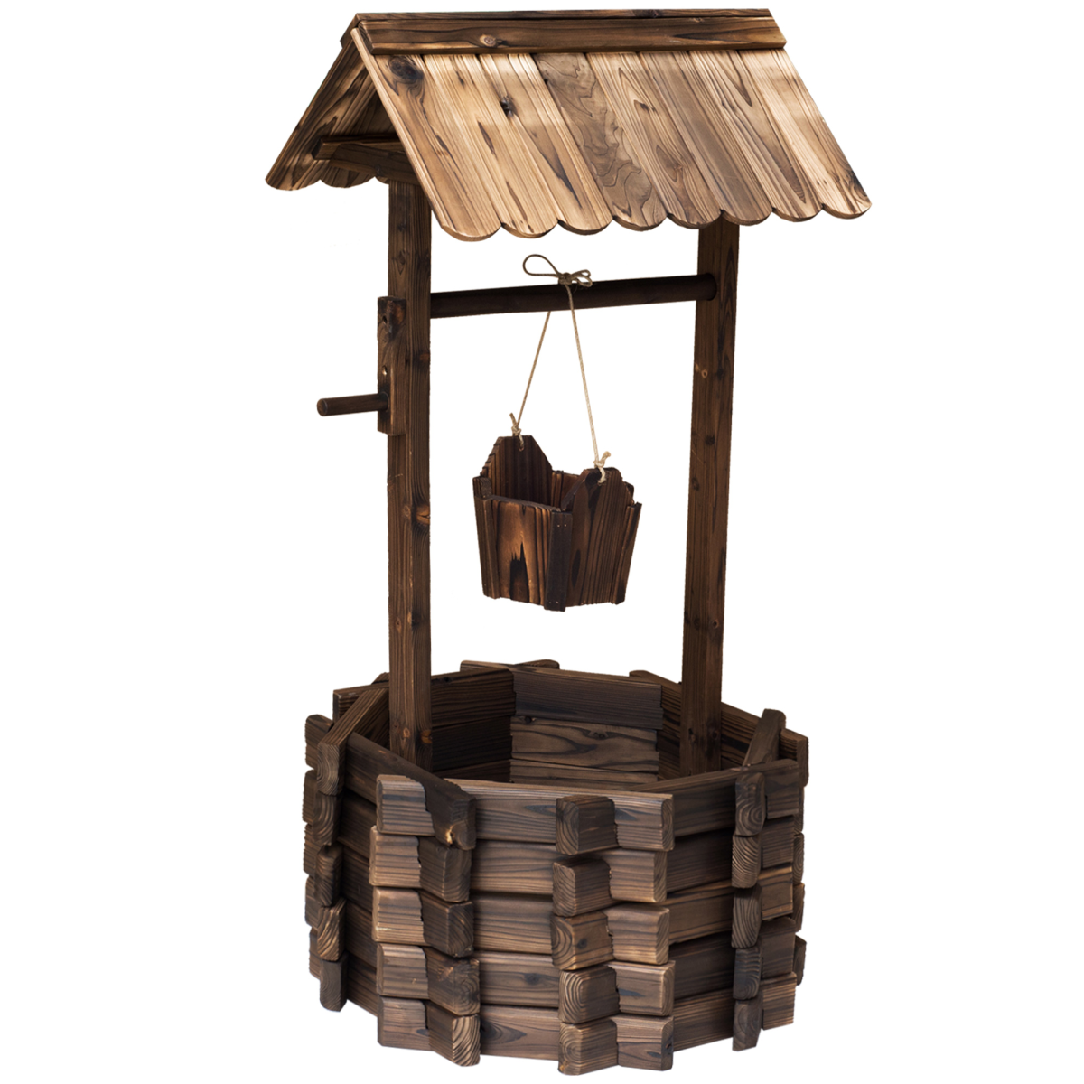 Wishing Well Planter Bucket - 60L, 55cm W x 114cm H, Brown
