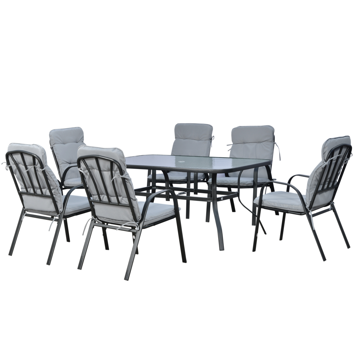 7-Piece Garden Dining Set with Glass Table, Umbrella Hole & Cushions - Black