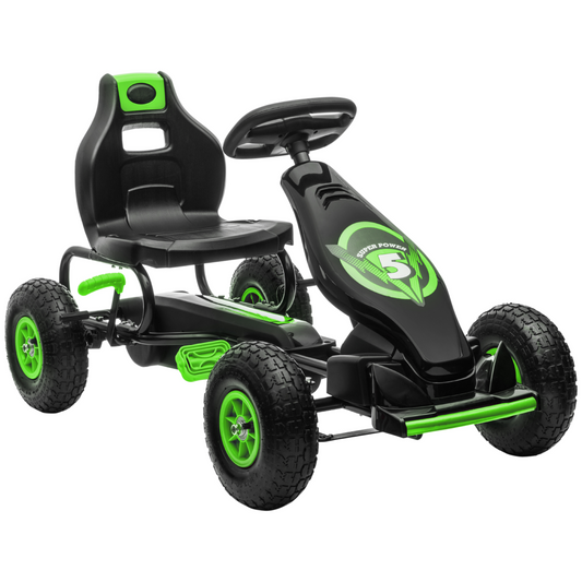 Kids Pedal Go Kart - Adjustable Seat, Rubber Wheels, Brake, Green