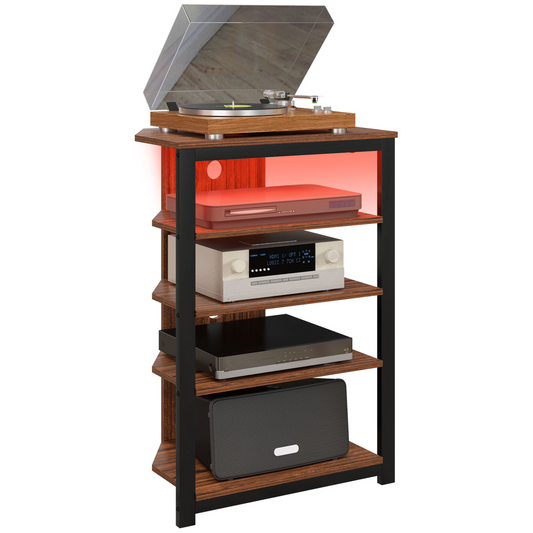 Wooden record player stand with electronic components on a white background