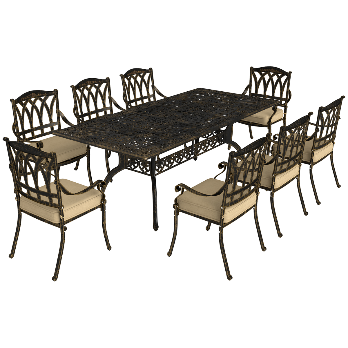 Elegant Nine-Piece Outdoor Dining Set with Cushions & Parasol Hole
