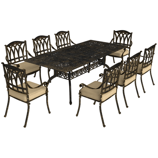 Elegant Nine-Piece Outdoor Dining Set with Cushions & Parasol Hole