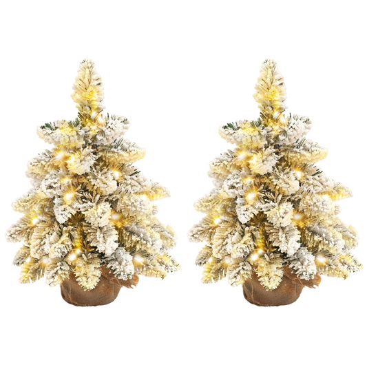 2-Piece Flocked Mini Tabletop Christmas Trees with Warm White LEDs