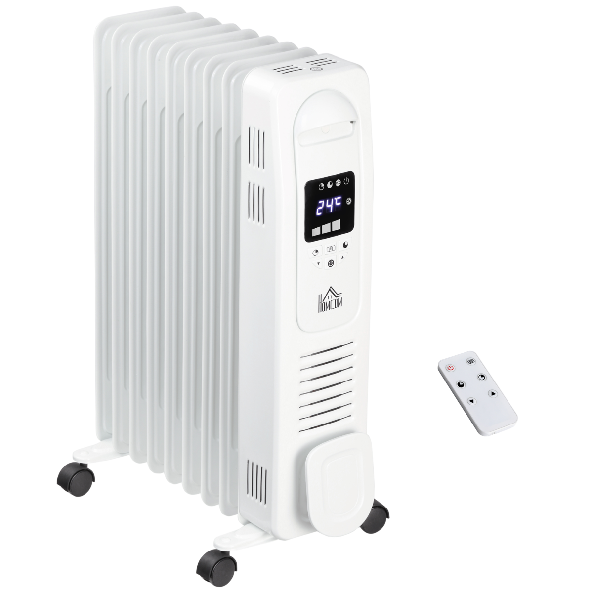 2000W Digital Oil-Filled Radiator, 9-Fin, Remote, 24h Timer, White
