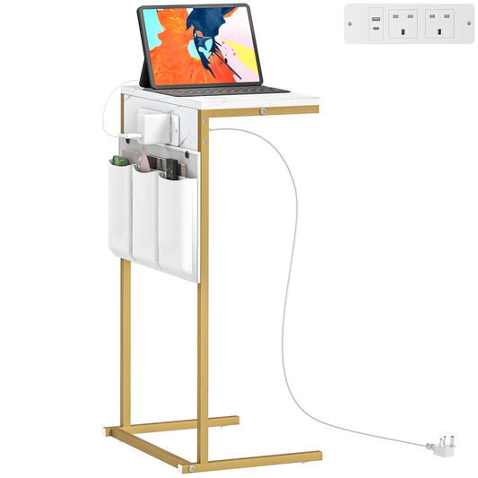 C-Shaped Side Table & Charging Station: Modern Marble Design & Storage