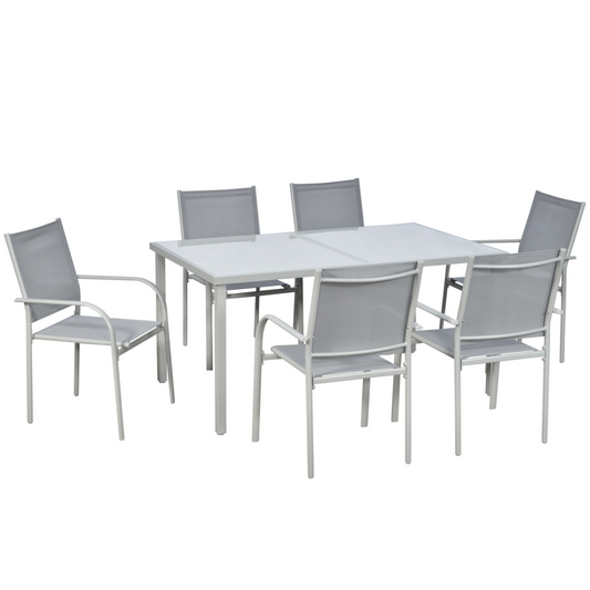 7-Piece Grey Steel Garden Patio Dining Set with Tempered Glass Table