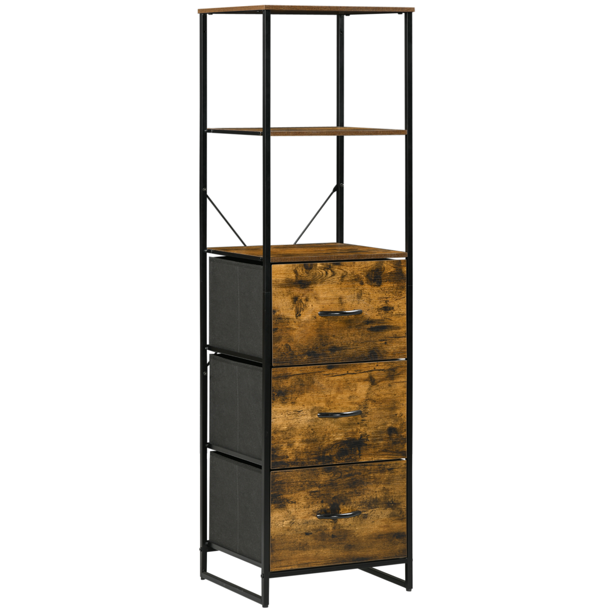 Rustic Brown Industrial Storage Cabinet with 2 Shelves & 3 Fabric Drawers