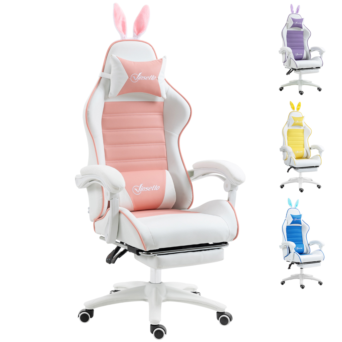Vinsetto Pink Racing-Style Gaming Chair with Removable Rabbit Ears & Footrest