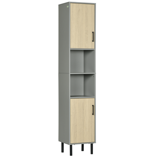 Kleankin Slim Tall Bathroom Cabinet - 2 Cupboards, 2 Shelves, Anti-Tip