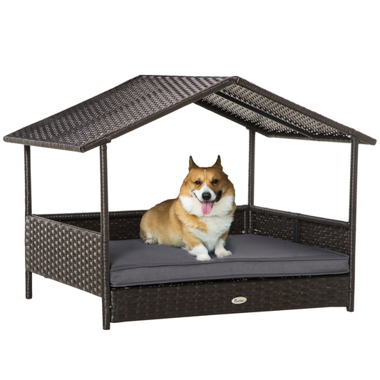 PawHut Wicker Dog House & Rattan Pet Bed with Cushion - Grey
