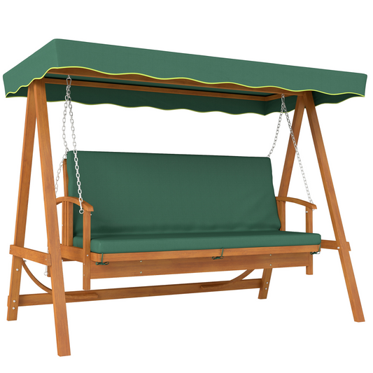 3-Seater Wooden Garden Swing Chair with Cushions & Canopy