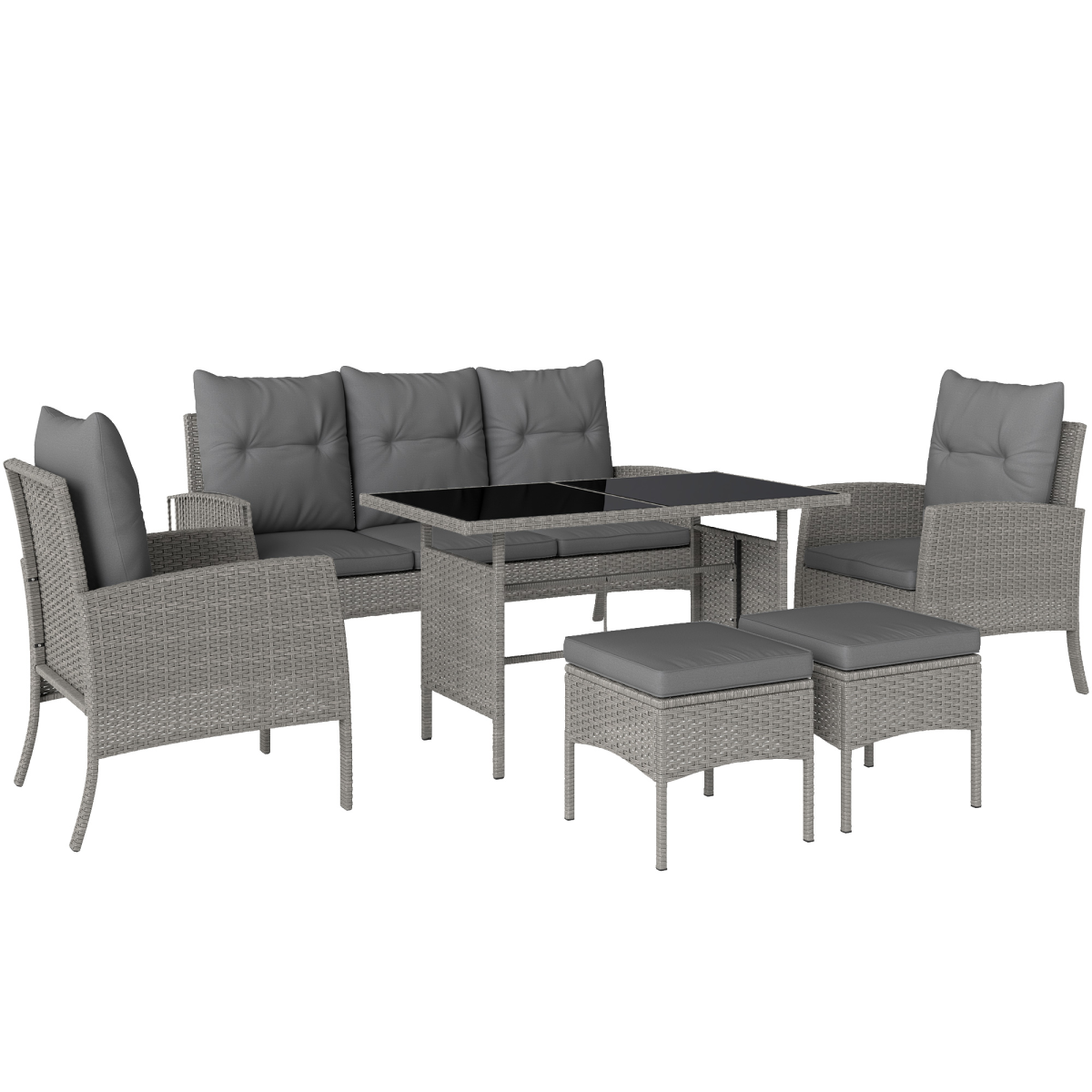 6-Piece Grey Rattan Garden Sofa Set with Glass Table