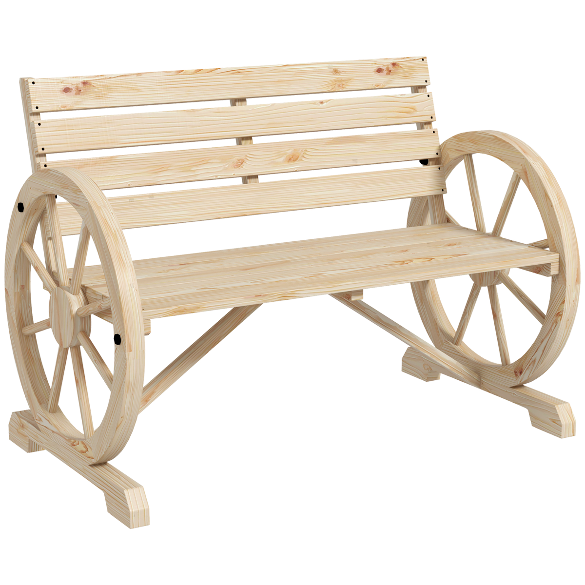 2-Seater Garden Bench with Wagon Wheel Armrests - Natural Fir Wood