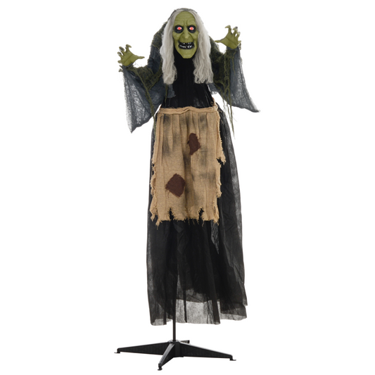 Sound-Activated Witch Animatronic Prop with Moving Head & Glowing Eyes