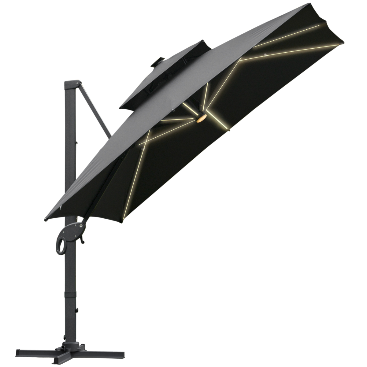 3x3m Cantilever Umbrella with Solar Power Bank & LEDs, Dark Grey