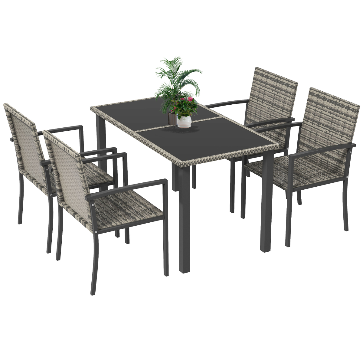 4-Seater Rattan Garden Set with Glass Tabletop, Mixed Grey
