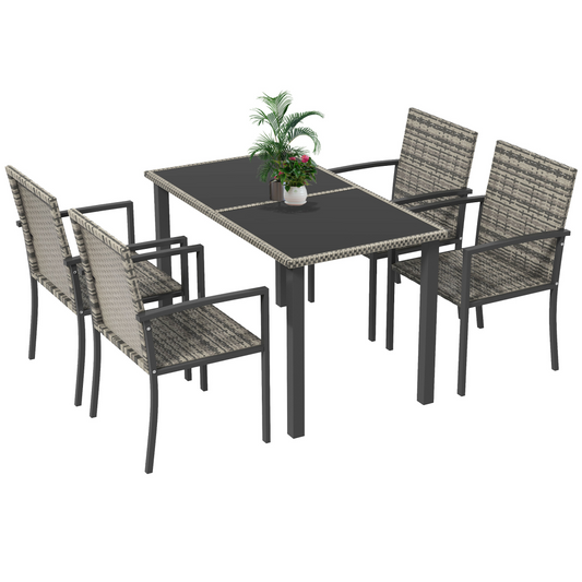 4-Seater Rattan Garden Set with Glass Tabletop, Mixed Grey