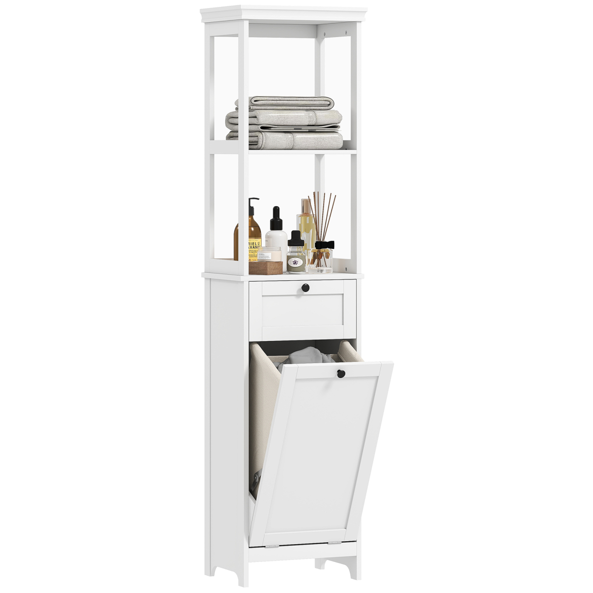 Slim Bathroom Storage: Stylish Unit with Tilt-Out Laundry Drawer