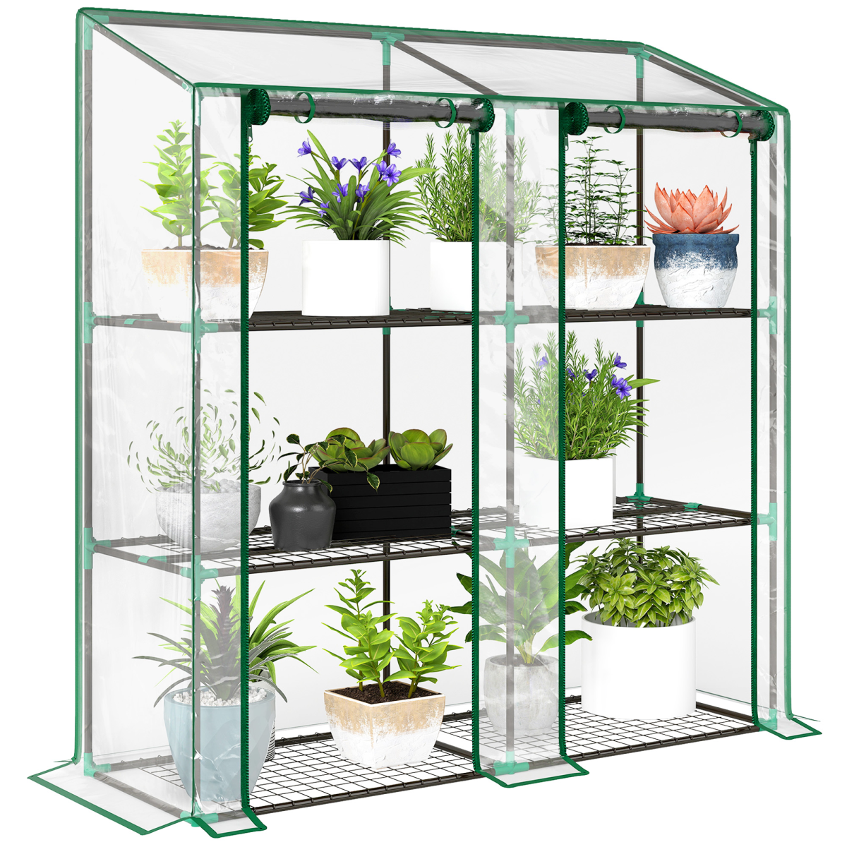 3-Tier Mini Greenhouse with Lean-To Design, Clear Cover 151x143x46 cm