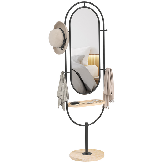 Elegant Freestanding Full Length Mirror with Tray & Hooks - Black
