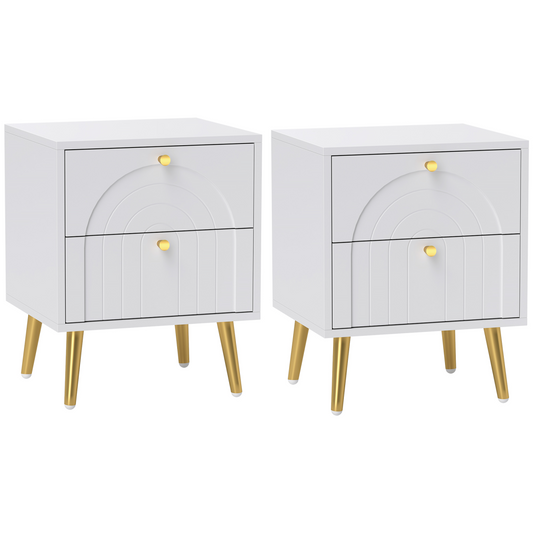 Elegant 2-Piece White Nightstand Set with 2 Drawers & Gold Accents