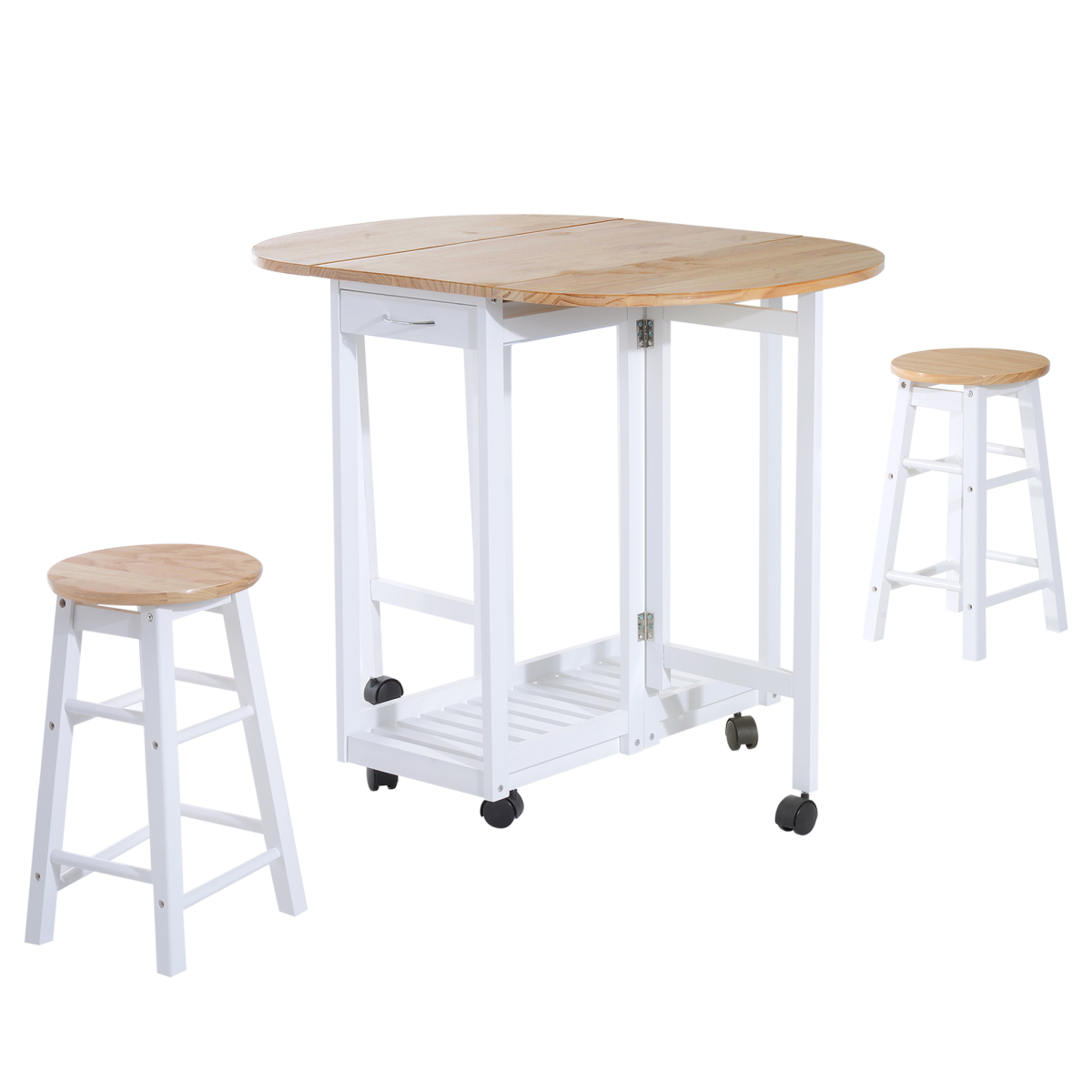 Versatile 3-Piece Wooden Kitchen Cart Set with Rolling Stools & Space-Saving Design