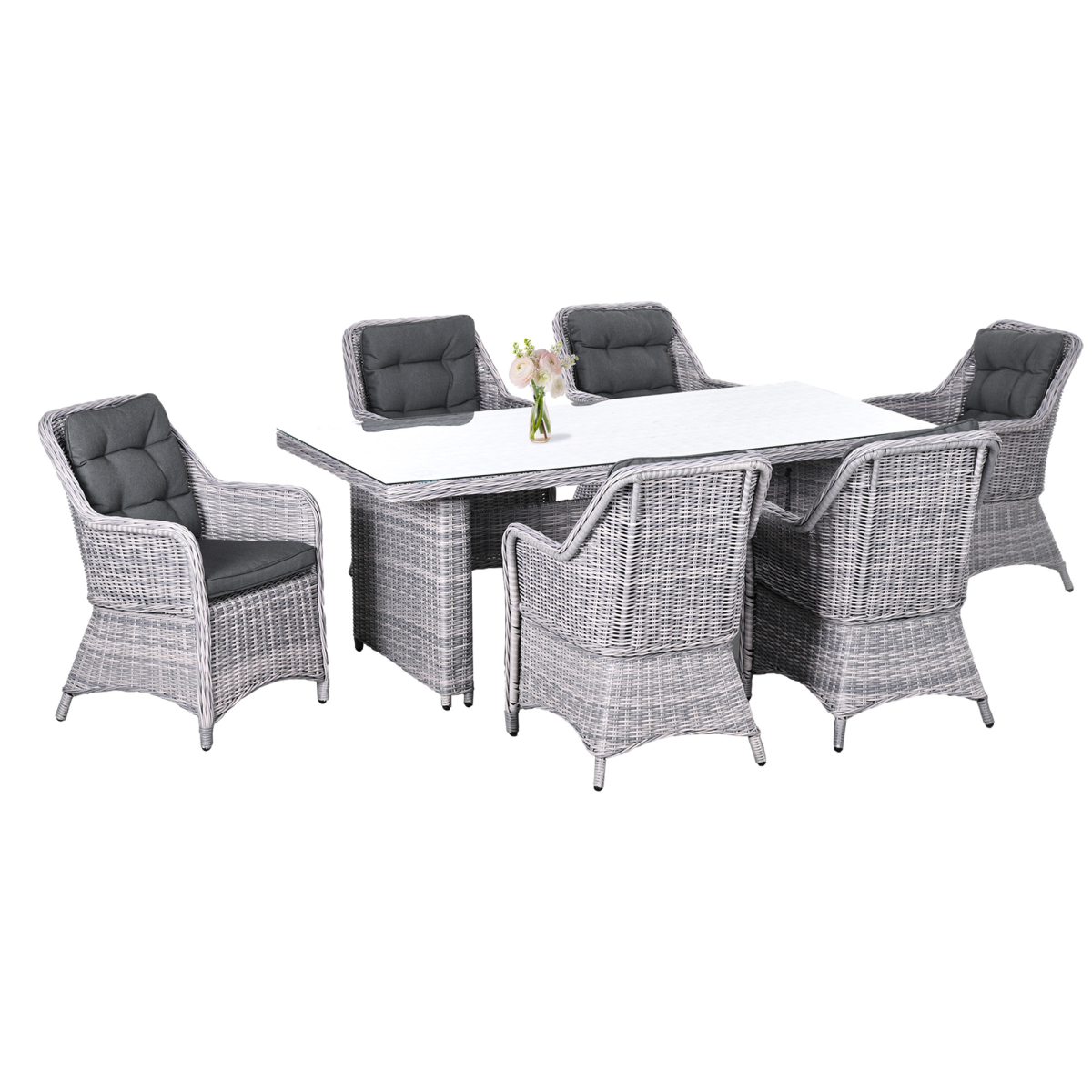 7-Piece Patio PE Rattan Wicker Dining Set with Tempered Glass Top