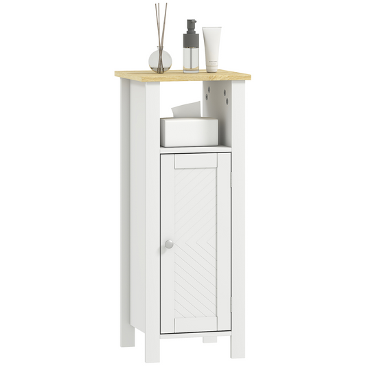 Sleek White Narrow Bathroom Storage Cabinet with Open Shelf & Two-Tier Cupboard