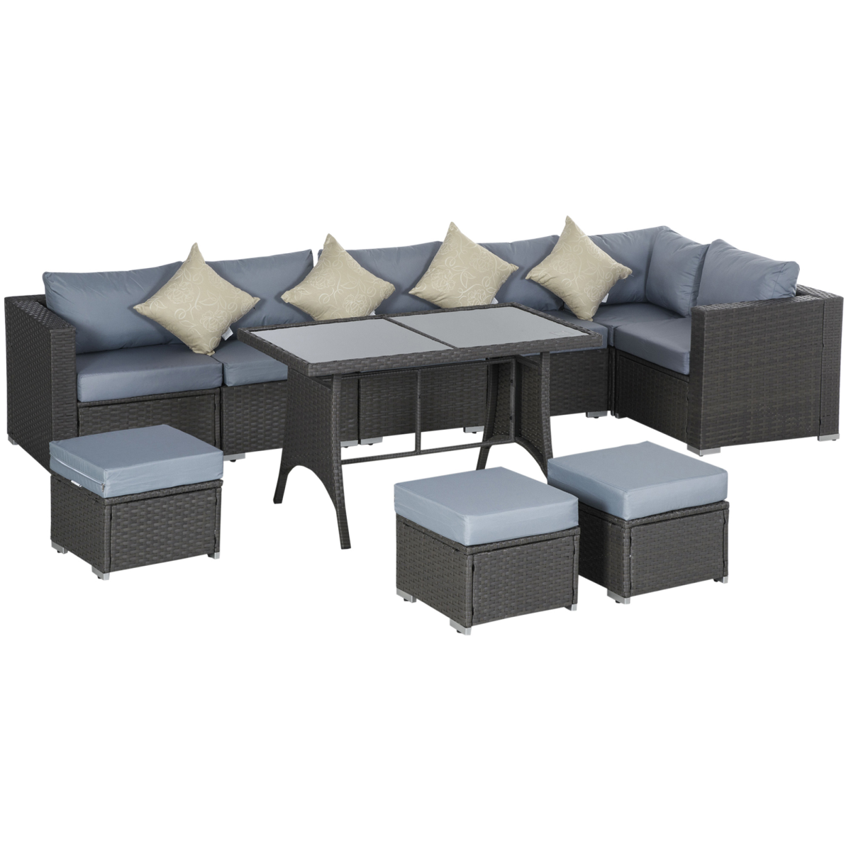 10-Piece Rattan Sofa Set with Grey and Dusty-Blue Cushions