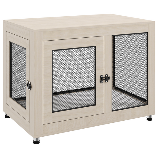 Chic Dog Kennel End Table with Dual Doors and Plush Cushion - Oak/Black