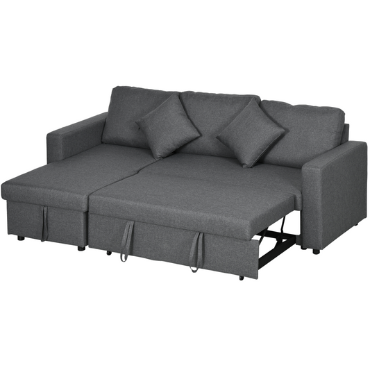 Corner Sofa Bed with Storage, 3-Seater Pull-Out, Dark Grey