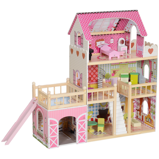 AIYAPLAY 3-Story Pink Dolls House with 13-Piece Wooden Furniture Set
