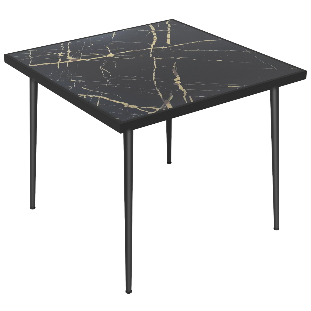 4-Person Outdoor Dining Table with Marble-Effect Tempered Glass, Black