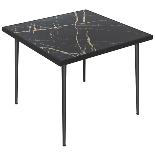 4-Person Outdoor Dining Table with Marble-Effect Tempered Glass, Black