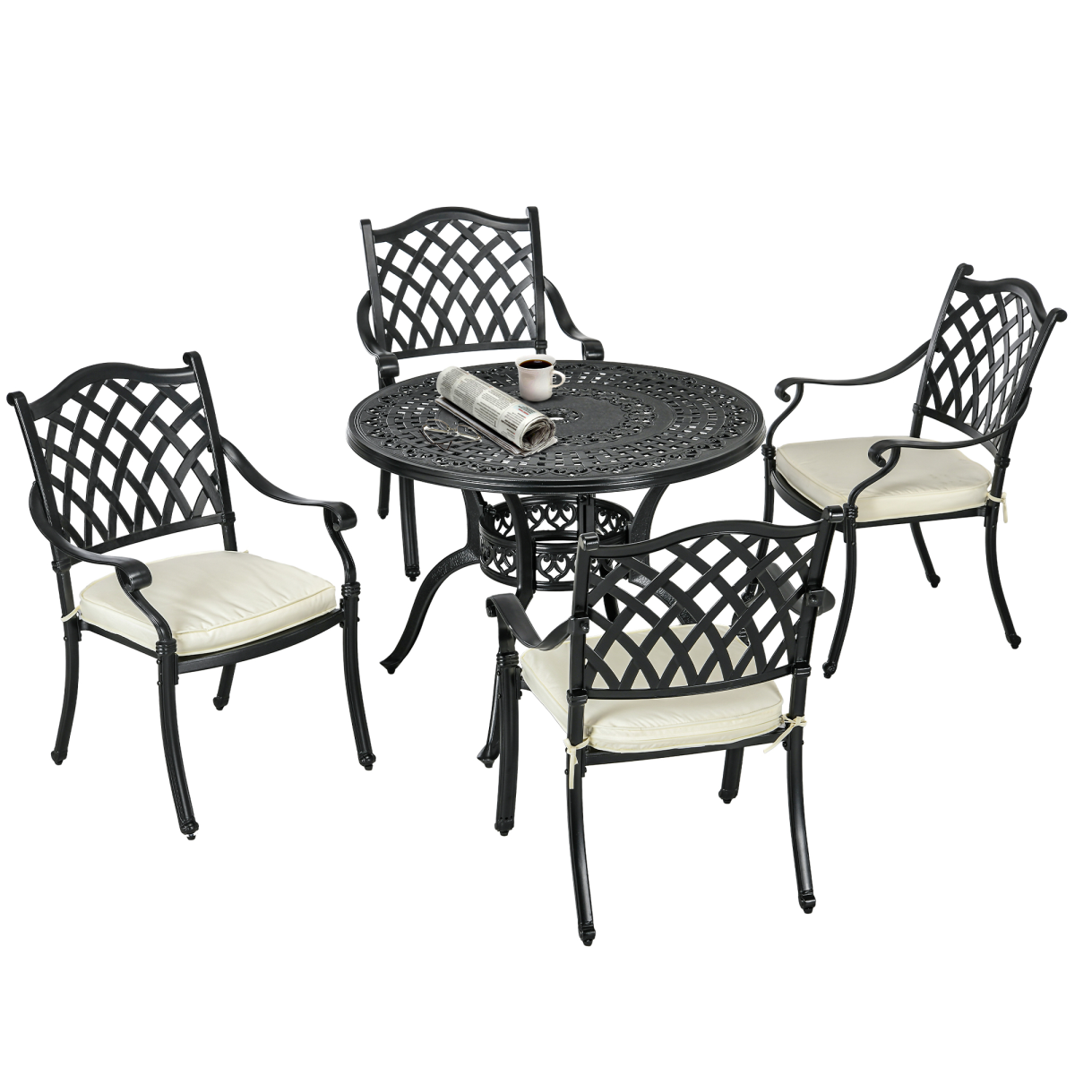 4-Seater Cast Aluminium Dining Set with Cushions and Umbrella Hole