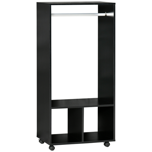 Stylish Open Wardrobe Clothes Rail with Rolling Shelves - Black Storage Solution