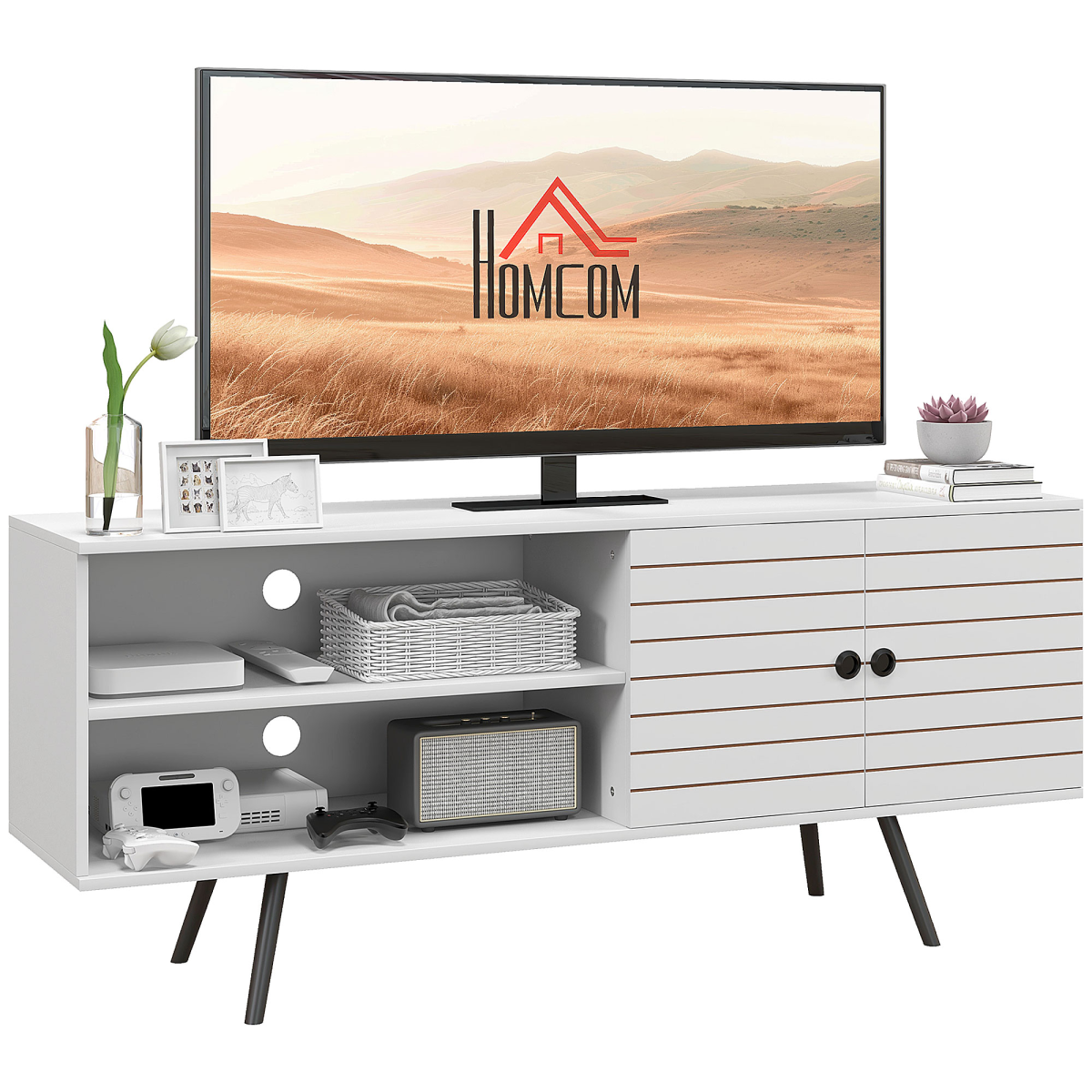 Modern 65" TV Stand with Open Shelves & Cable Management - White