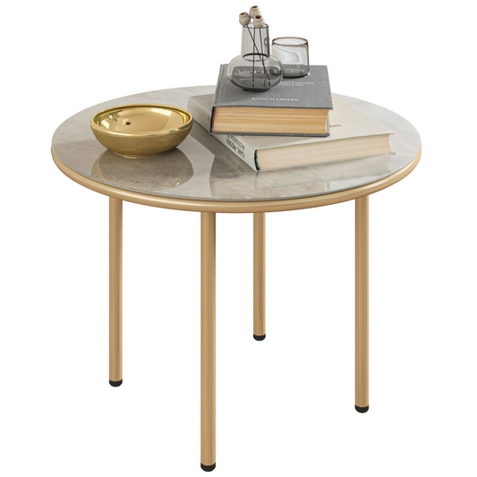 Chic Round Table with Elegant Faux Marble Glass Top - Beige