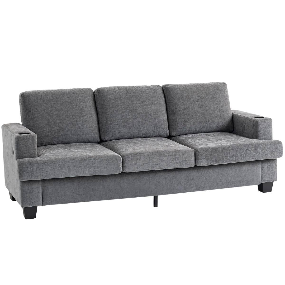 3-Seater Sofa with USB Ports & Cup Holders - Cozy Grey Fabric Design