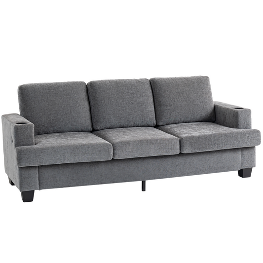 3-Seater Sofa with USB Ports & Cup Holders - Cozy Grey Fabric Design