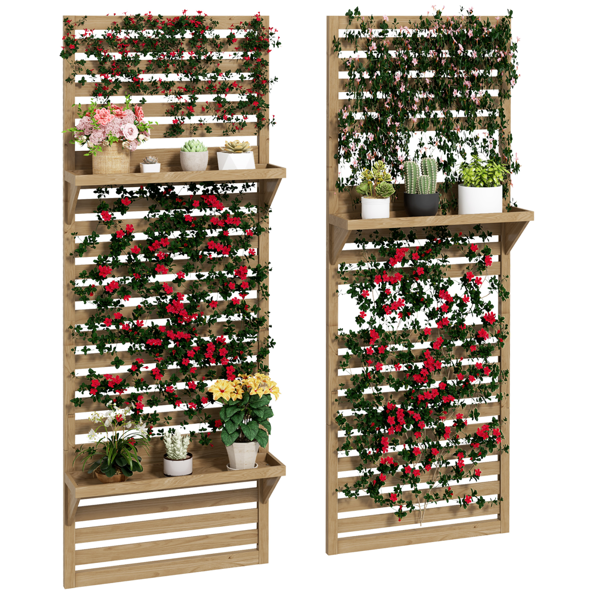 Wall-Mounted Plant Stand Set of 2 with Shelves & Slatted Trellis