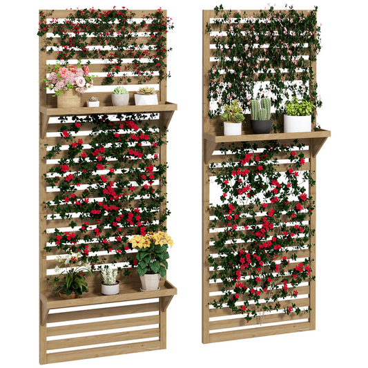 Wall-Mounted Plant Stand Set of 2 with Shelves & Slatted Trellis