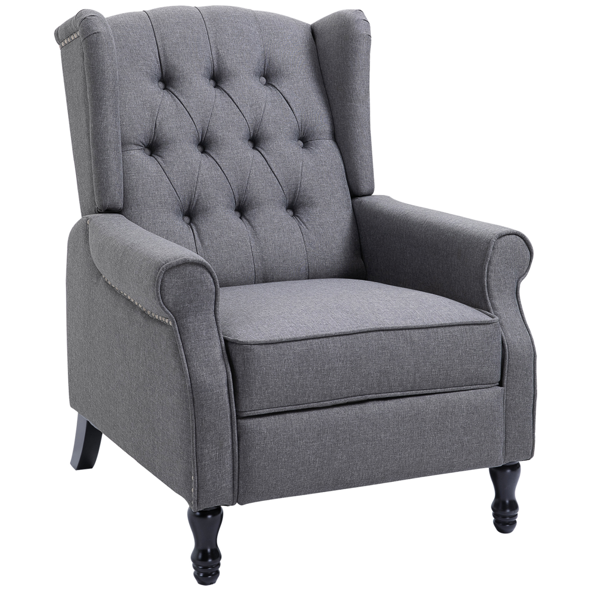 Manual Recliner Armchair with Footrest - Light Grey Fabric, Tufted Back